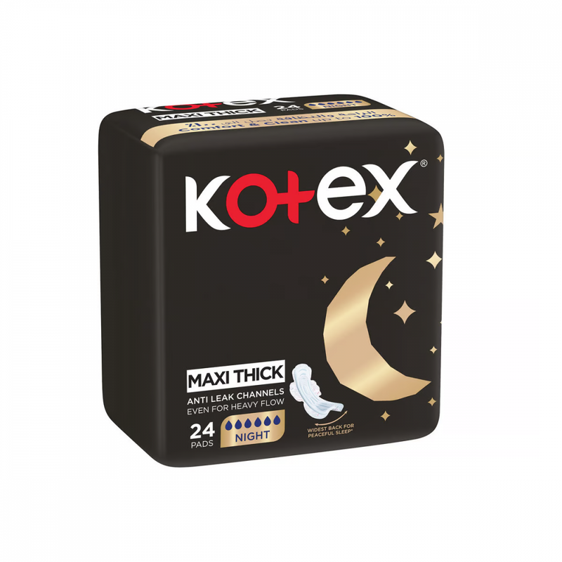 Kotex Maxi Thick Comfort Clean Sanitary Pads, Night Size, With Wings, 24 Count